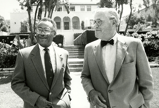 Presidents Slaughter and Gilman in front of Haines Hall in 1988, not long after Gilman's retirement and Slaughter's arrival.