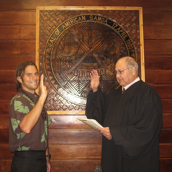 Keala Ede is sworn in to the American Samoa bar in 2009 by Michael Kruse, Chief Justice of the High Court of American Samoa.