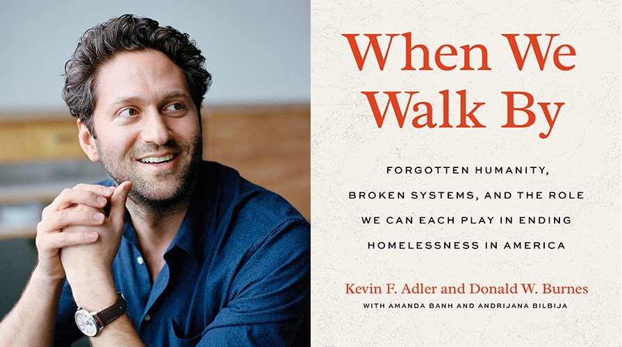 a composite image of author Kevin F. Adler and his text-based book cover for When We Walk By