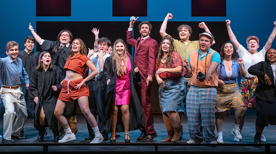 Occidental College students performing the play “Legally Blonde” during a dress rehearsal in Keck Theater on April 18. The play was directed by Wanlass Visiting Artist Dawn Monique Williams. Photo by Marc Campos.