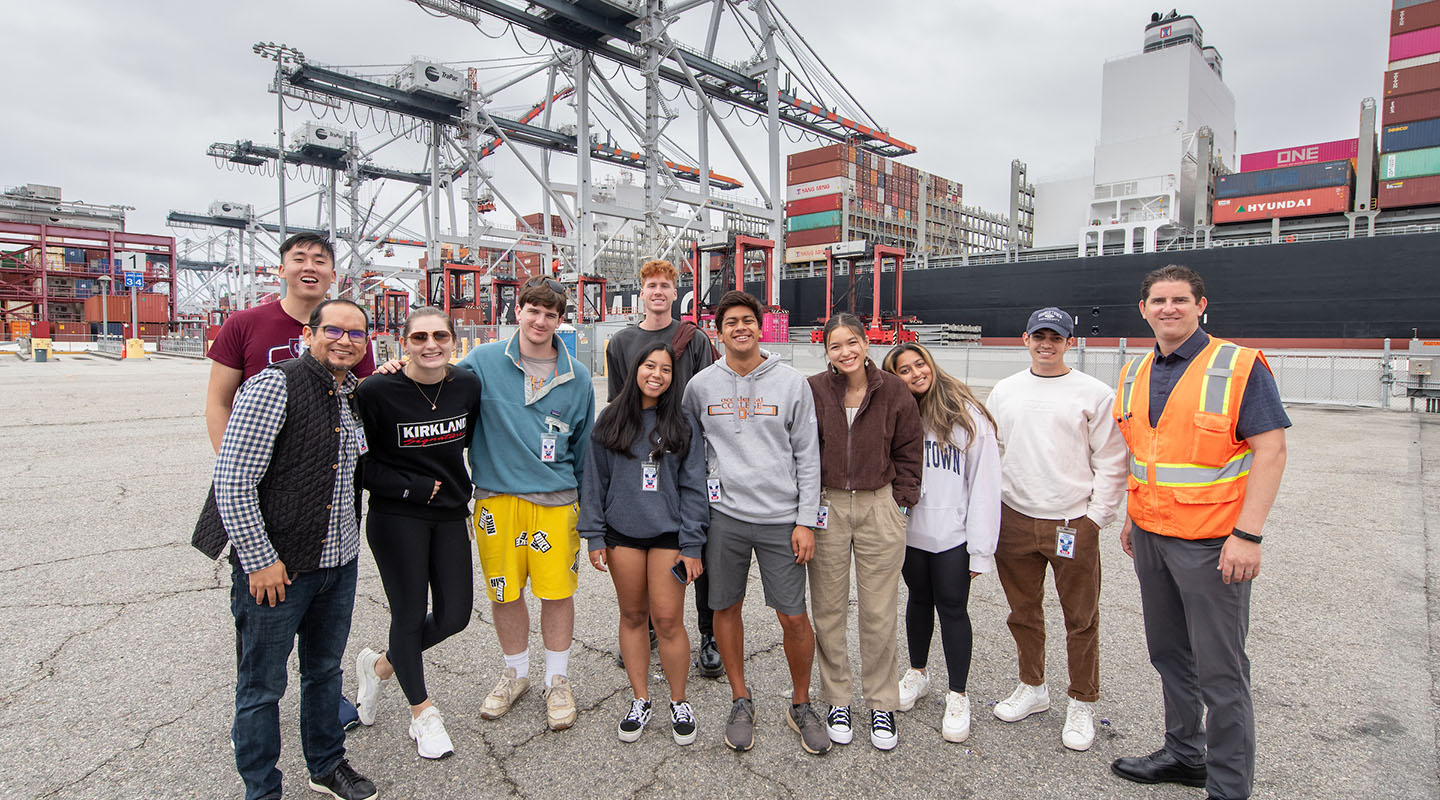 Oxy students at the port of Long Beach on an econ field trip