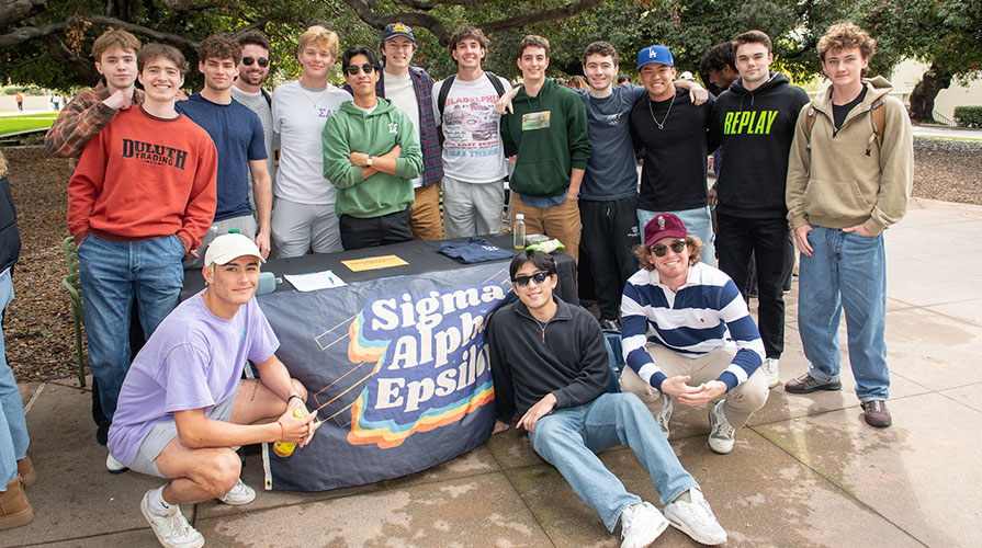 Members of the Occidental College chapter of Sigma Alpha Epsilon fraternity pose together on campus