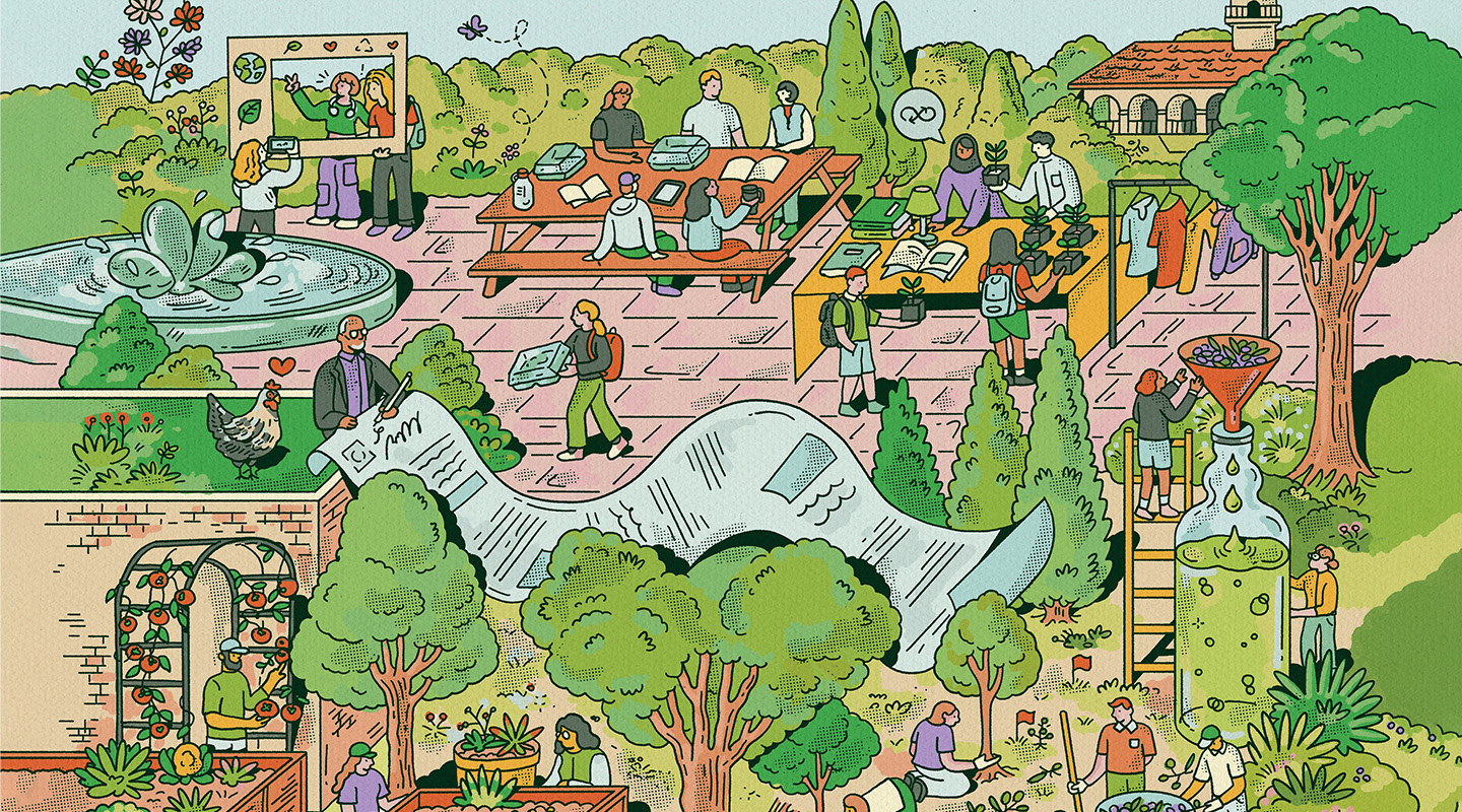 a cartoon drawing of sustainability activities on the Occidental College campus