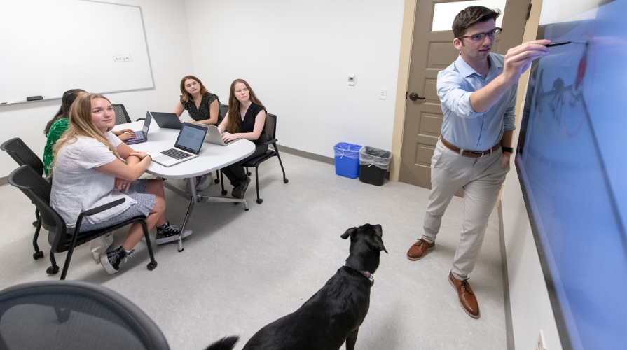 Zachary Silver shows Canine Cognition Lab student researchers a video