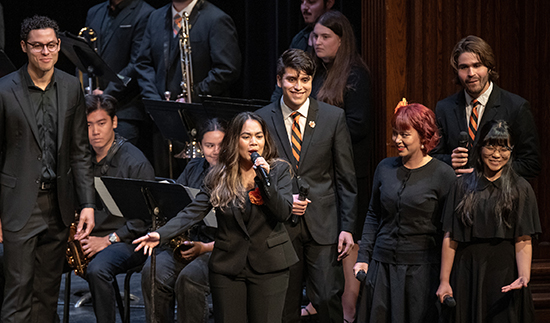 Charlotia de Mita ’25 and a host of Oxy musicians (under the direction of Jonathan Richards) perform a mashup of Carlos Santana's “Oye Como Va” and “Smooth."