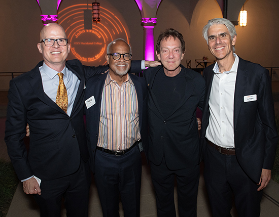 From left, Associate Professor David Kasunic, President Emeritus Harry J. Elam, Jr., Trustee John Branca ’72, and President Tom Stritikus celebrate the launch of the Branca Institute of Music.