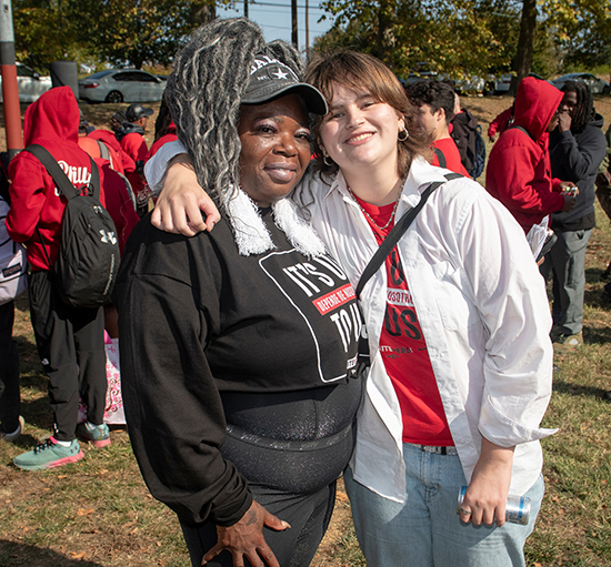 Sadie Spletzer '26, right, and canvassing partner MarceyLynn Teague at a UNITE HERE Philadelphia rally on October 12.