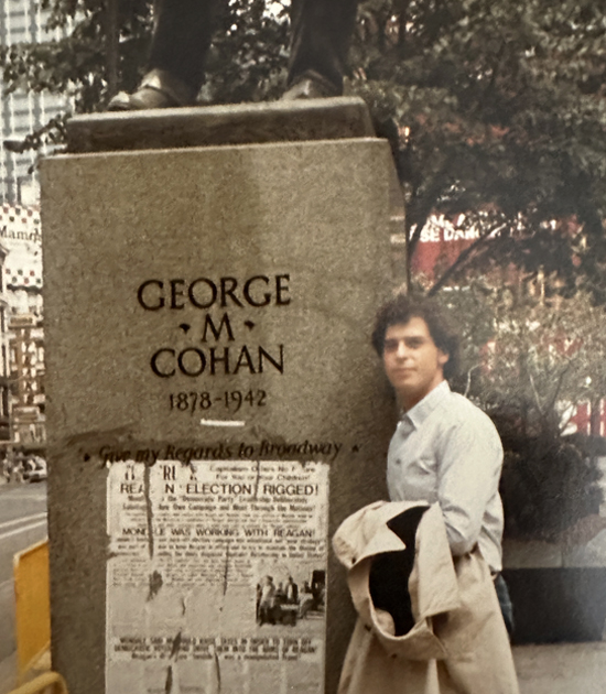 Lester made his first trip to New York City at 24, posing next to the statue of George M Cohan in NYC's Duffy Square.