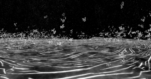 Abstract black and white illustration of water with letters from different languages floating.