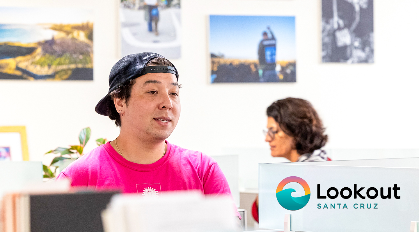 Journalist Max Chun '19 in the offices of Lookout Santa Cruz.