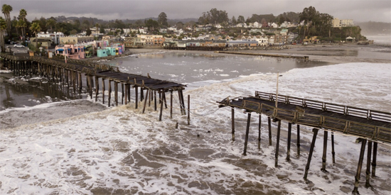 Aerial shot of the damage to Capitola Village and pier on January 5. Photo by Kevin Painchaud