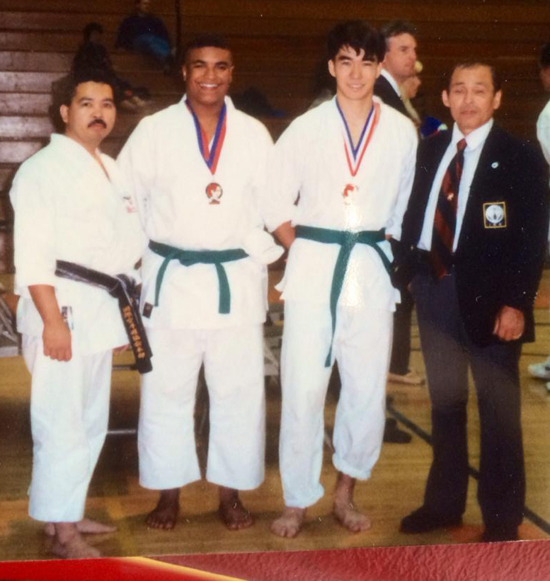 From left, Victor Chico, Leo Olebe ’97, Tetsuo Uyeda ’96, and Soke Kubata at an Oxy tournament in 1996.