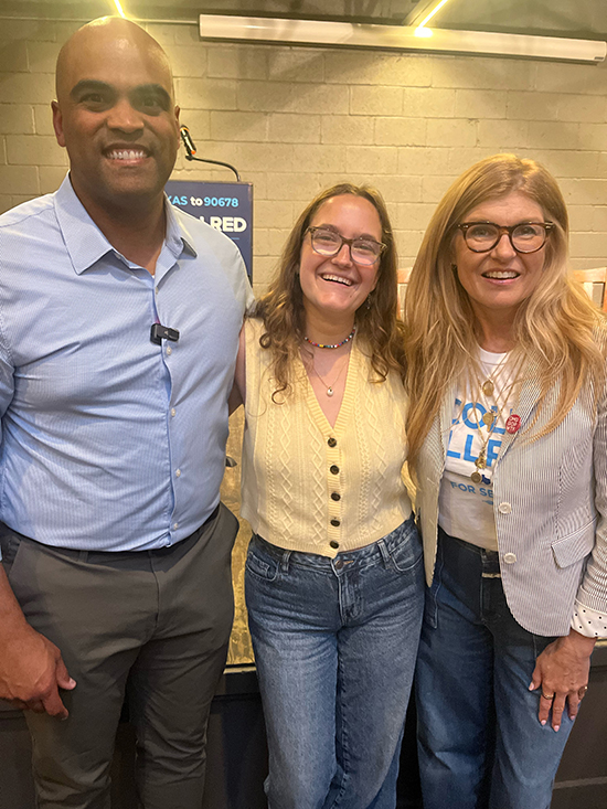 U.S. Senate candidate Colin Allred, Quinn Sumerlin ’26, and actress Connie Britton at a campaign rally in Texas. 