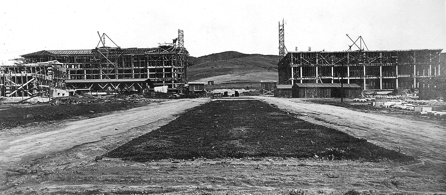 Occidental’s new campus in 1913, with the frameworks of Johnson, Fowler, and Swan halls taking shape. 