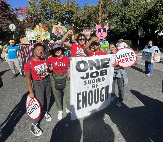 Sunari Weaver-Anderson ’24, far left, represents UNITE HERE at the annual Peoplehood Parade in Philadelphia in October 2022.