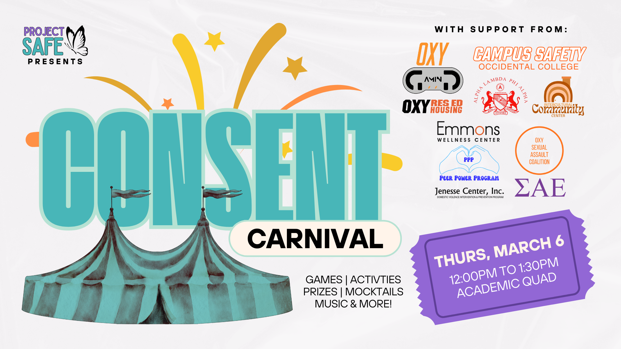 A flyer advertising Project SAFE's Consent Carnival for Spring 2025