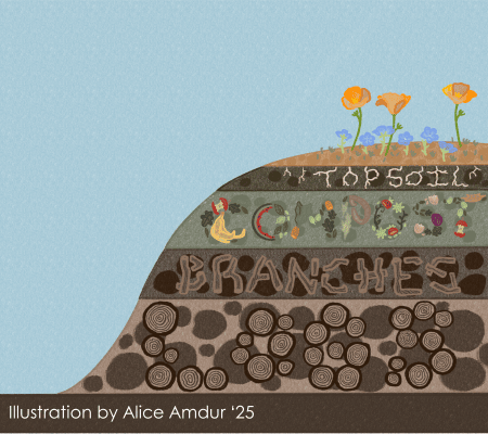 Colorful illustration of a hugel (hill), a regenerative agriculture method using organic materials like logs, branches, compost, and soil to build "berms," or small hills that retain water.