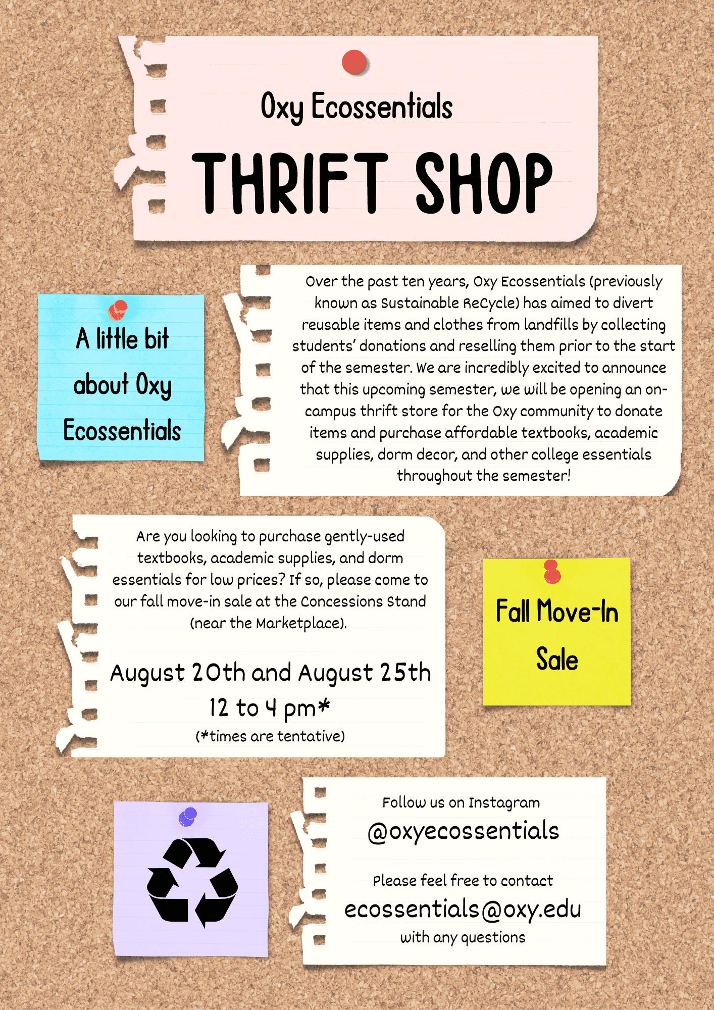 Oxy Ecossentials Flyer with details of fall move in thrift sale, august 20th and 25th, includes info about the club's history