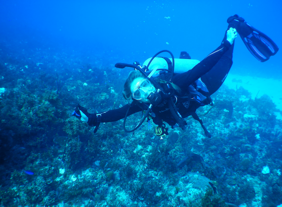 Maggie Schaffzin diving on a coral reef in Jamaica