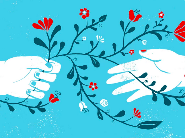 one hand reaching out to another with pretty red flowers on a blue background