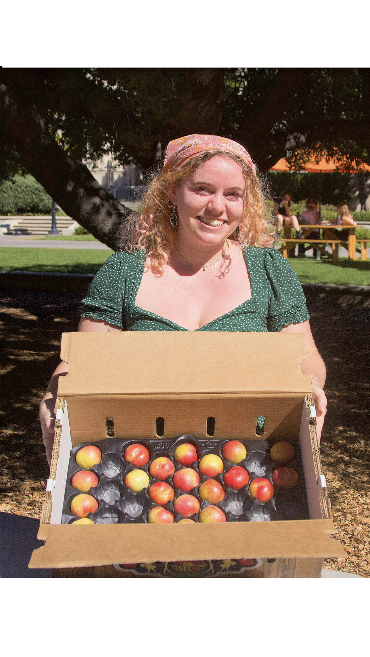 Isa Merel '23 at the 2021 Food Justice Quad Fair with a box of plums