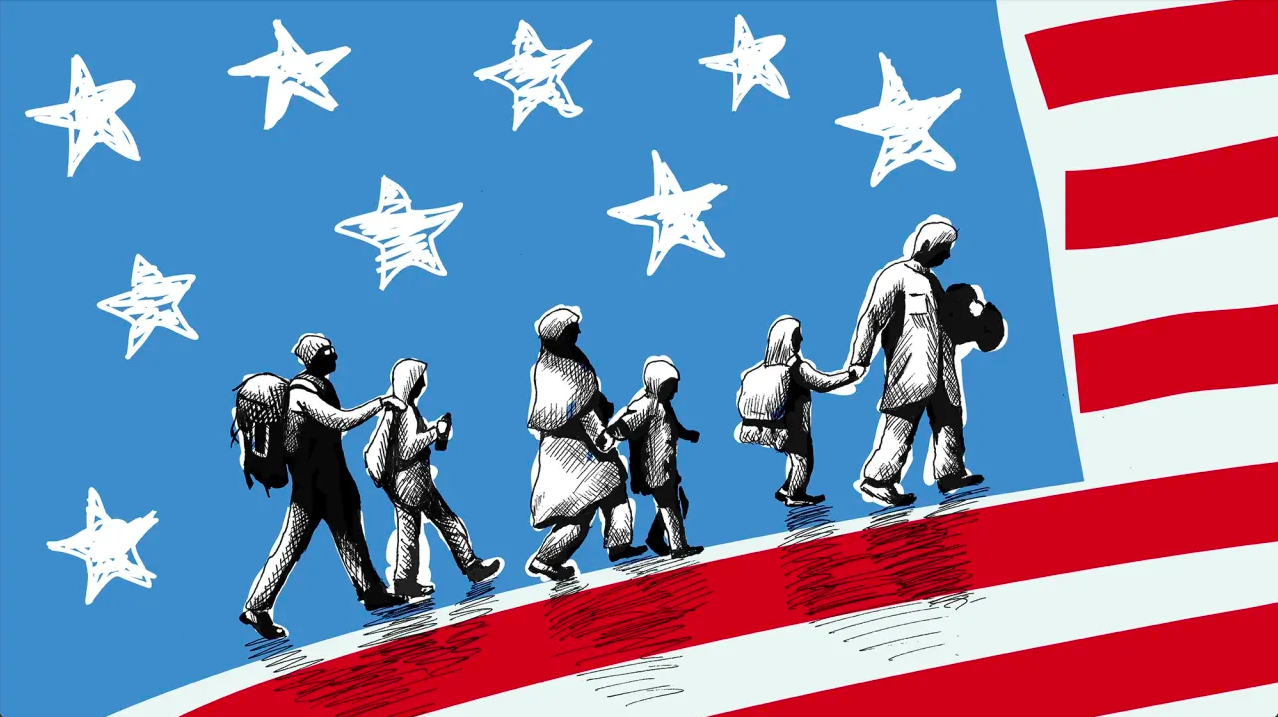 an illustration of immigrants crossing the American flag