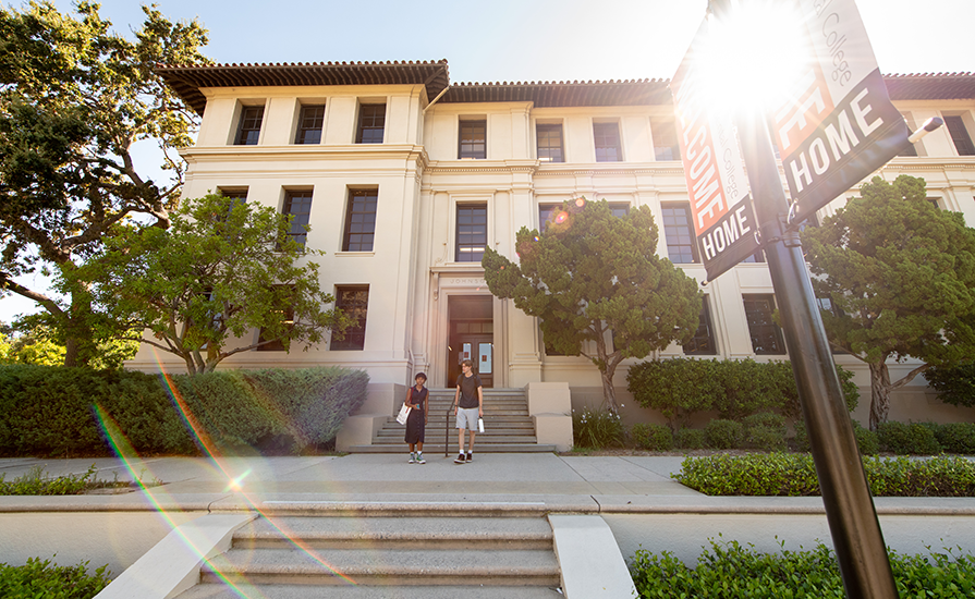 Students exit Johnson Hall on the Occidental College campus