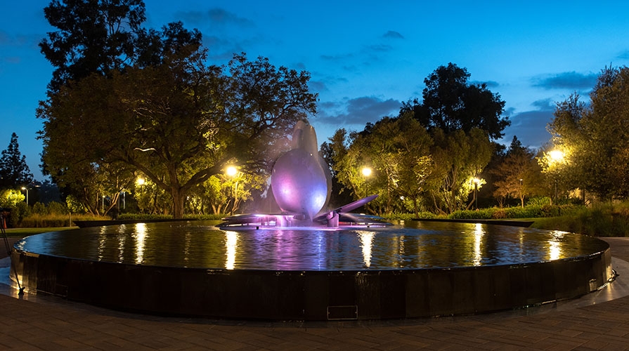 Gilman Fountain at night on the Occidental College campus