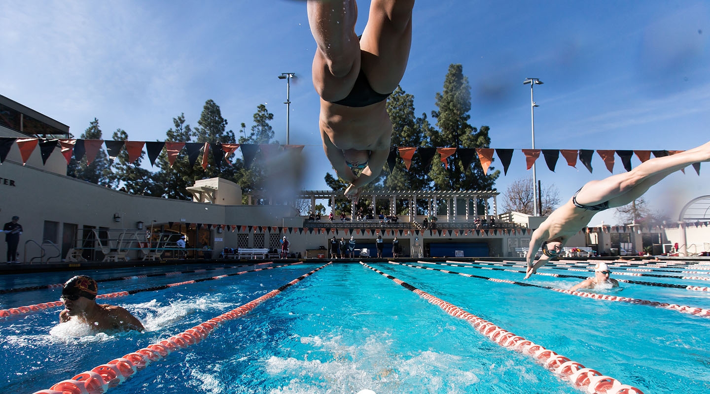 a student dives into DeMandel Aquatic Center pool
