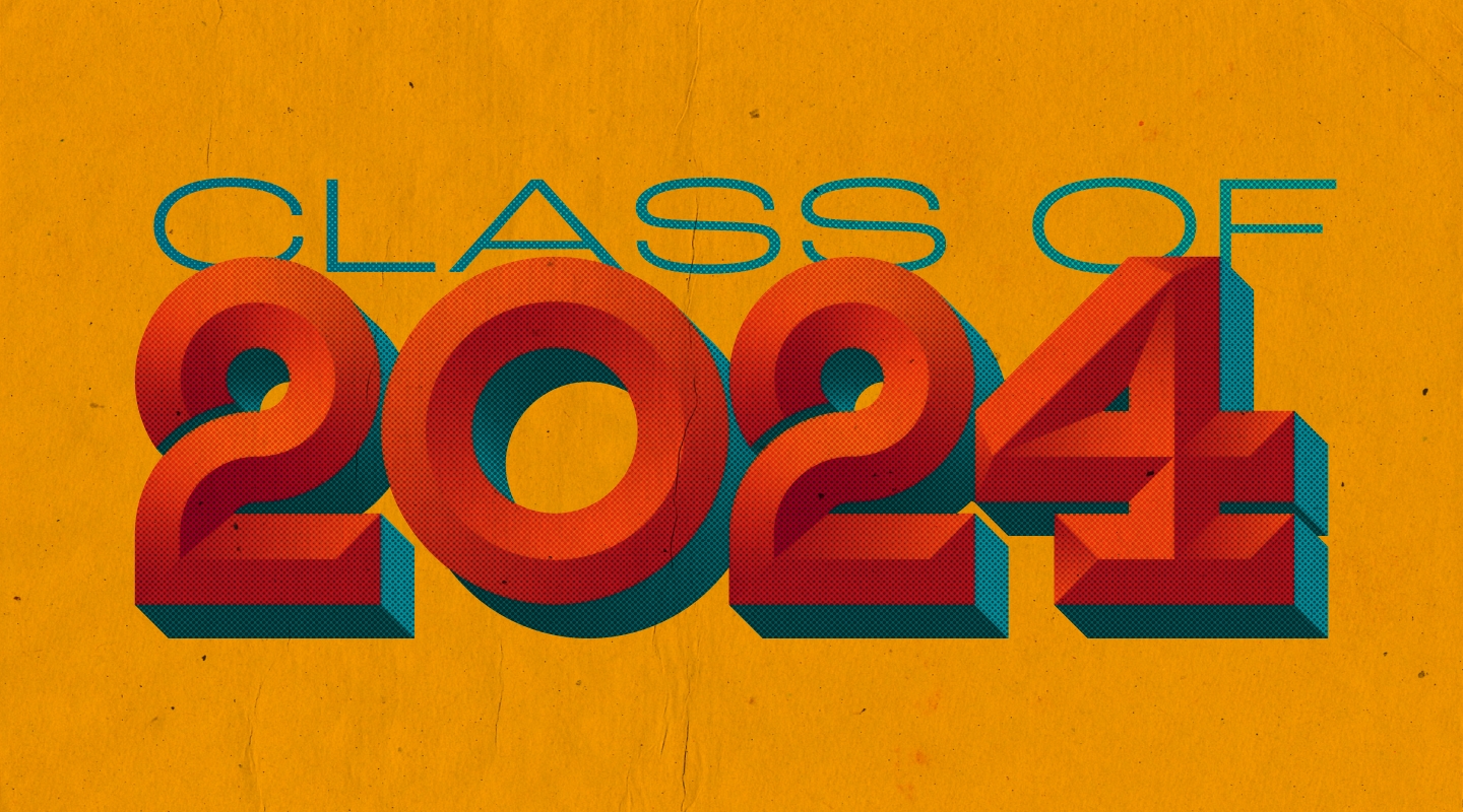 Class of 2024 graphic with a big orange "2024" on yellow background