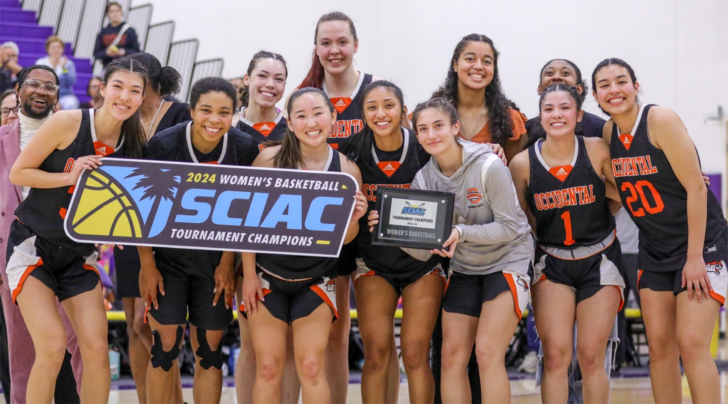 Occidental’s women's basketball team after winning the 2024 SCIAC Post­season Tournament championship.