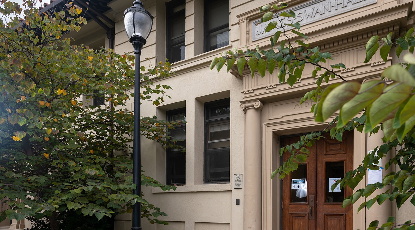 A view of the front of Swan Hall on the Occidental College campus