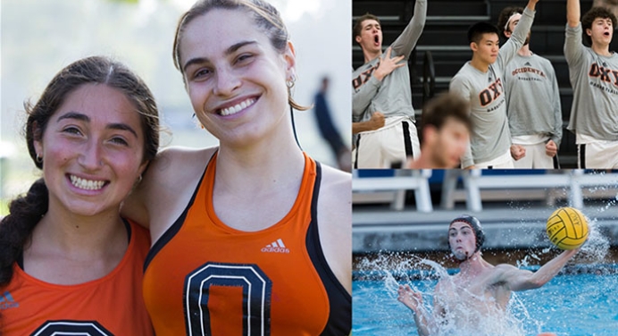 Oxy student athletes pose together in their various sports jerseys