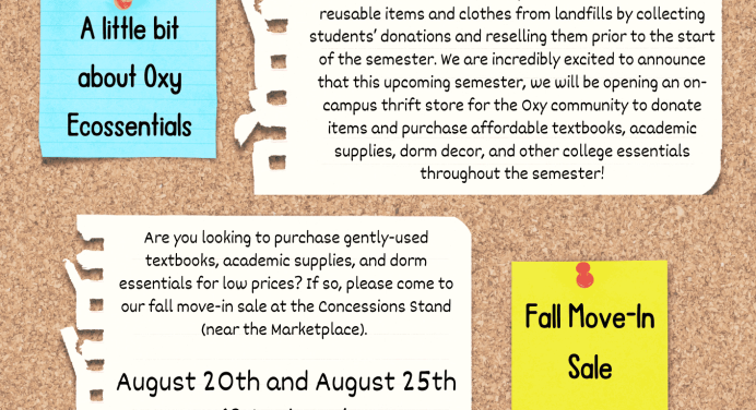 Oxy Ecossentials Flyer with details of fall move in thrift sale, august 20th and 25th, includes info about the club's history