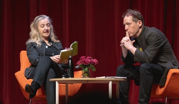 Rebecca Solnit and Paul Holdengraber onstage at an Oxy Live! event at Occidental College