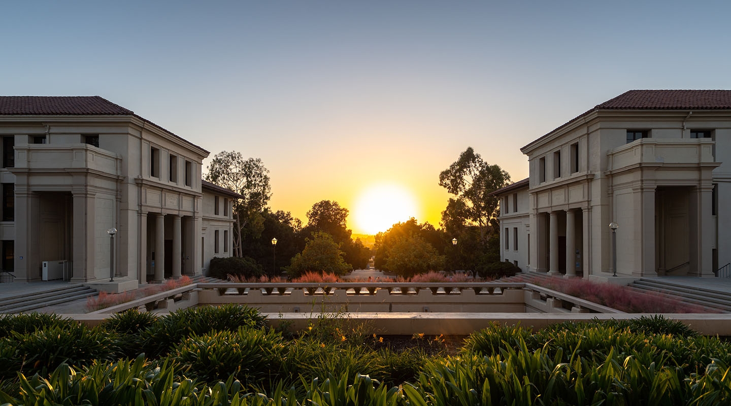 sunset between Johnson Hall and AGC on the Occidental college campus
