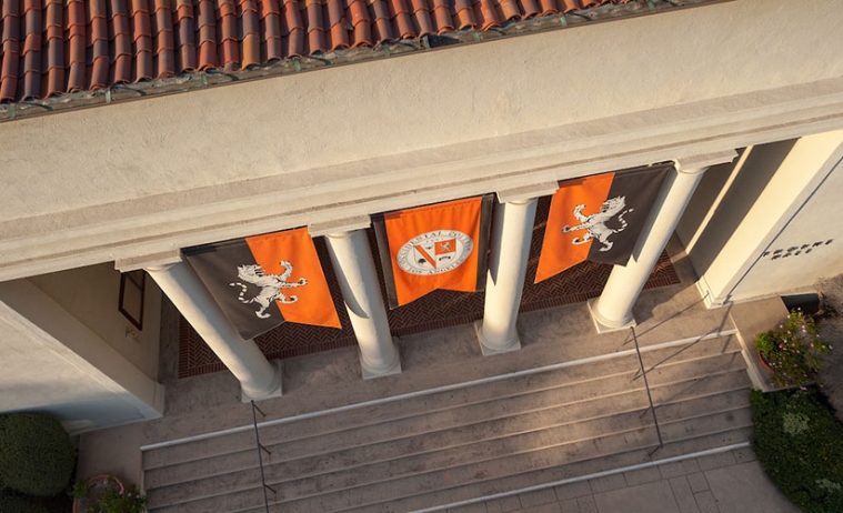 A view looking down at the front entrance of Thorne Hall