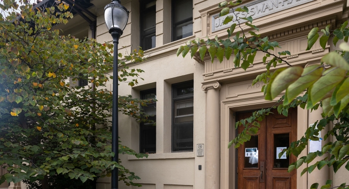 A view of the front of Swan Hall on the Occidental College campus