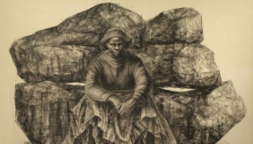 pen and ink drawing of Harriet Tubman sitting on a rock formation