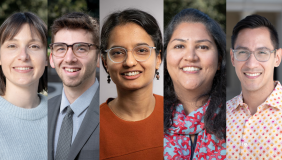 Five individual narrow headshots of Occidental College faculty members