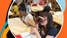 Students in special collections with graphic background