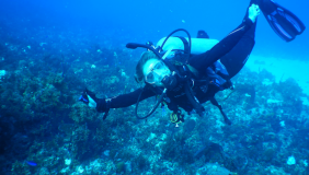 Maggie Schaffzin diving on a coral reef in Jamaica