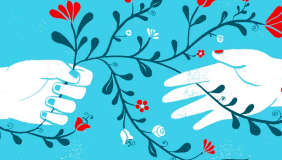 one hand reaching out to another with pretty red flowers on a blue background