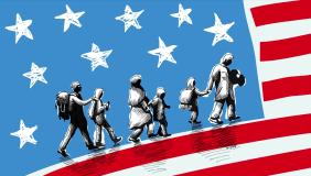 an illustration of immigrants crossing the American flag