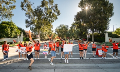 The Occidental College O-Team assembles to welcome new students to campus on Move-in Day 2024