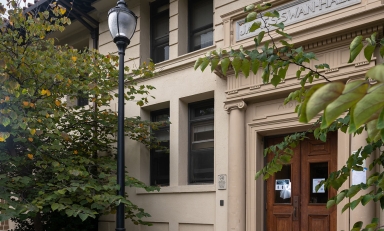 A view of the front of Swan Hall on the Occidental College campus