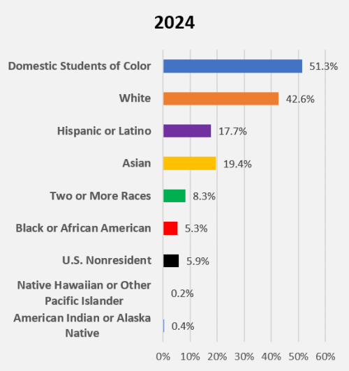 Domestic students of color, 51.1%; White, 42.6%; Hispanic or Latino, 17.7%; Asian: 19.3%; Two or More Races: 8.3%; Black or African American: 5.3%; U.S. Nonresident: 6.1%; Native Hawaiian or Other Pacific Islander: 0.2%; American Indian or Alaska Native: 0.4%