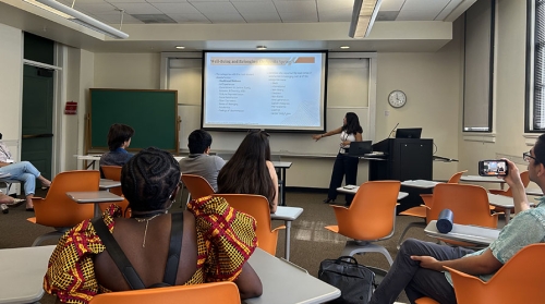 Occidental College student Liliana presents to her classmates as a Peer Health Educator